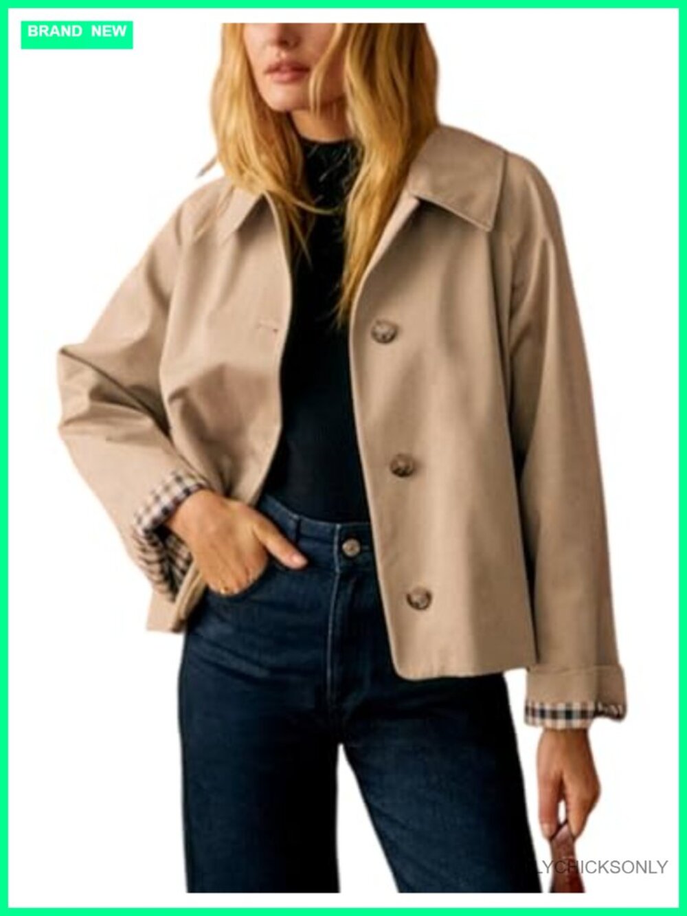Women Oversize Trench Coat Plaid Lining Lapel Button Down Crop Jacket